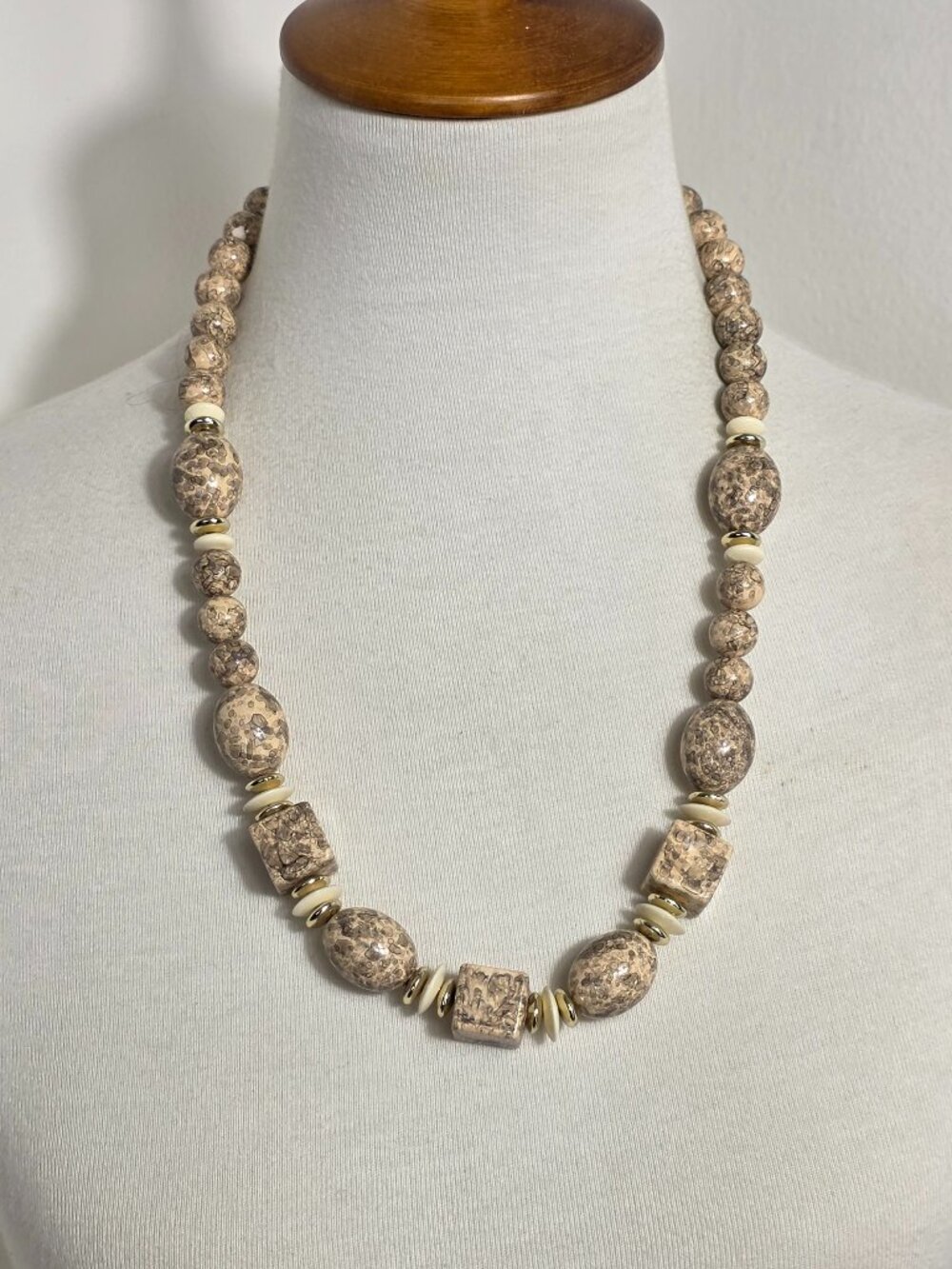 Beaded Statement Necklace Square & Round Beads Flat Gold & White Spacers
